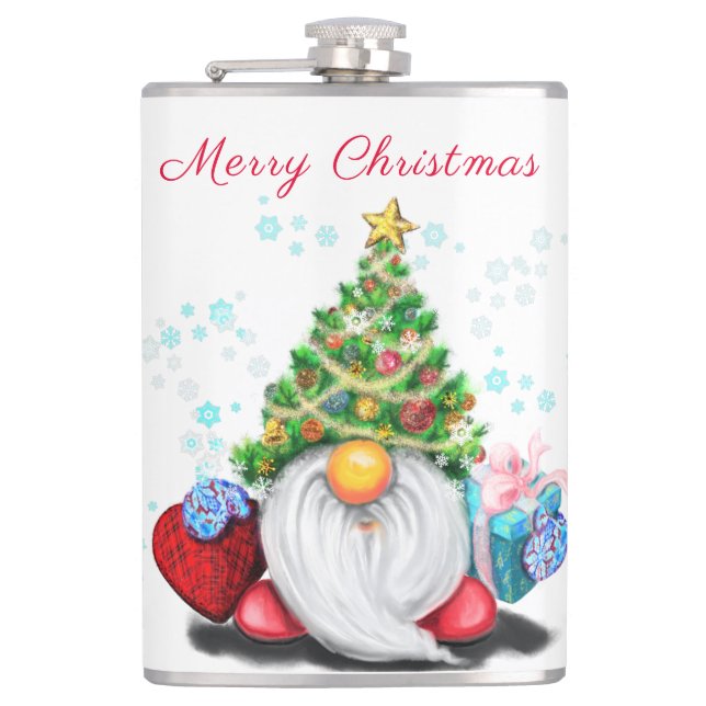 Weihnachtsflasengeschenk Gnome mit Geschenken Flachmann (Vorderseite)