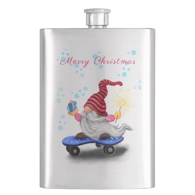 Weihnachtsflasengeschenk Skater Gnome mit Geschenk Flachmann (Vorderseite)
