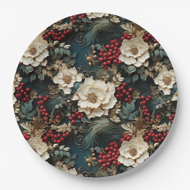 Weihnachtsflora mit Weißen Blume & Grünpflanzen Pappteller (Vorderseite)