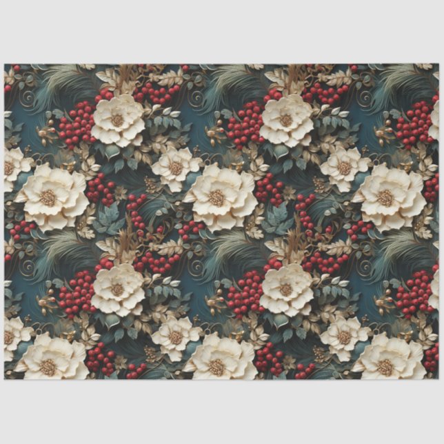 Weihnachtsflora mit Weißen Blume & Grünpflanzen Seidenpapier (Vorderseite)