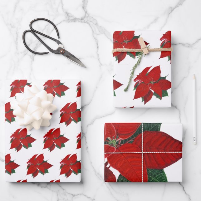 Weihnachtsfloral Poinsettia Geschenkpapier Set (Vorderseite)