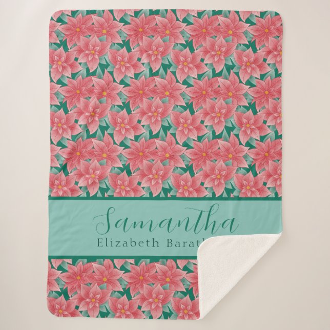 Weihnachtsfloral Poinsettia Personalisierter Name Sherpadecke (Vorderseite)