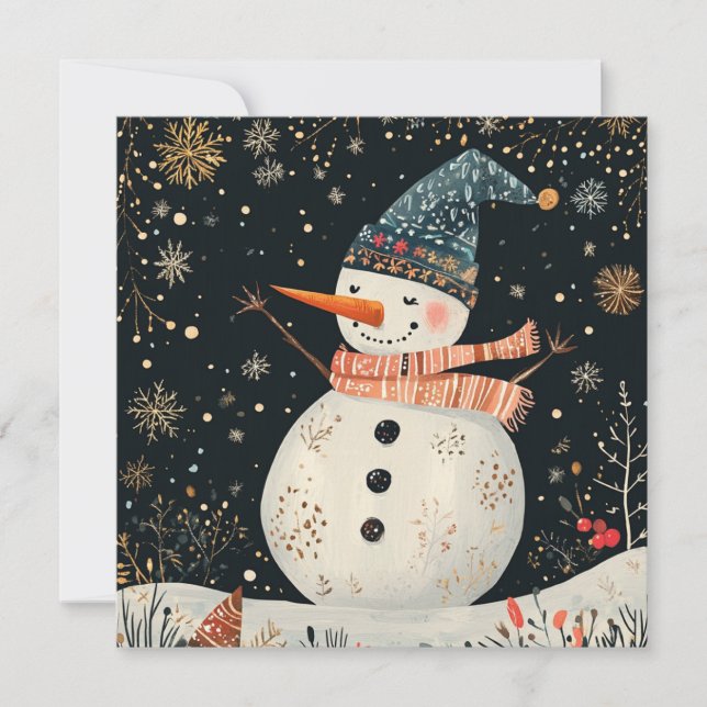 WeihnachtsFolklore Snowman Art Feiertagskarte (Vorderseite)
