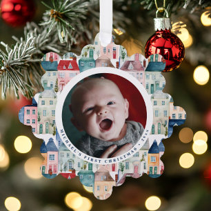 Weihnachtsfoto Blaue Festliche Häuser Feiertag Ornament Karte