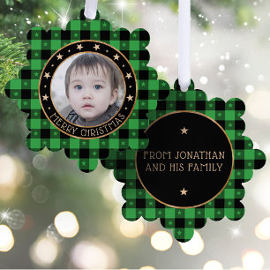 Weihnachtsfoto Büffelkariert & Sterne Frohe Wei Ornament Karte