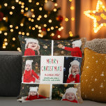 Weihnachtsfoto Collage Schöne Personalisierte Kissen<br><div class="desc">Dieses niedliche,  moderne Frohe Weihnachtskissen besticht durch eine elegante Anordnung von 6 Fotos aus der Familie auf weißem Hintergrund mit hübscher rot-grüner Typografie. Dieses wunderschöne Foto-Dekor mit Kinderfotografie umgibt Ihre festliche Botschaft und den Familiennamen in Grün.</div>