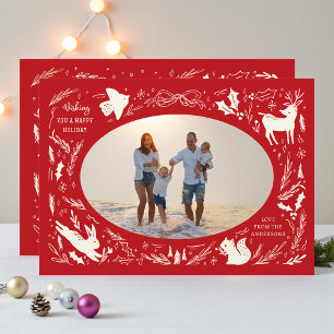 Weihnachtsfoto Familie Woodland Doodle Rot Feiertagskarte