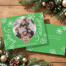 Weihnachtsfoto Grün Süßes Rentier Weiße Schrift