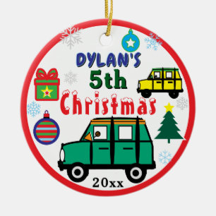 Weihnachtsfoto grüne gelbe Autos Junge Keramik Ornament