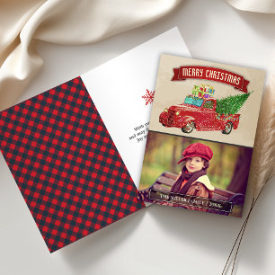 Weihnachtsfoto mit rotem Pickup Truck im Vintage-S Feiertagskarte