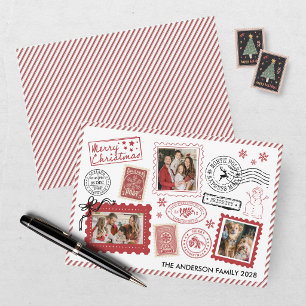 Weihnachtsfoto mit Vintage-Burgunder-Poststempel Feiertagskarte