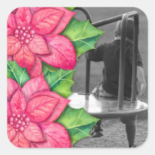 Weihnachtsfoto-Sticker mit Poinsettie Quadratischer Aufkleber