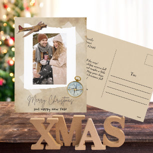 Weihnachtsfoto,Vintage Flugzeug & Kompass Feiertagspostkarte