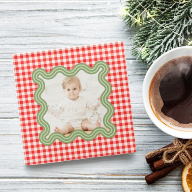 Weihnachtsfoto Wellige grüne Umrandung Gingham Wei Glasuntersetzer (Von Creator hochgeladen)
