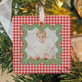 Weihnachtsfoto Wellige grüne Umrandung Gingham Wei Keramikornament