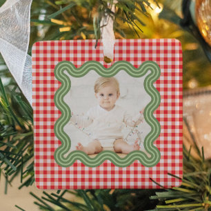 Weihnachtsfoto Wellige grüne Umrandung Gingham Wei Keramikornament