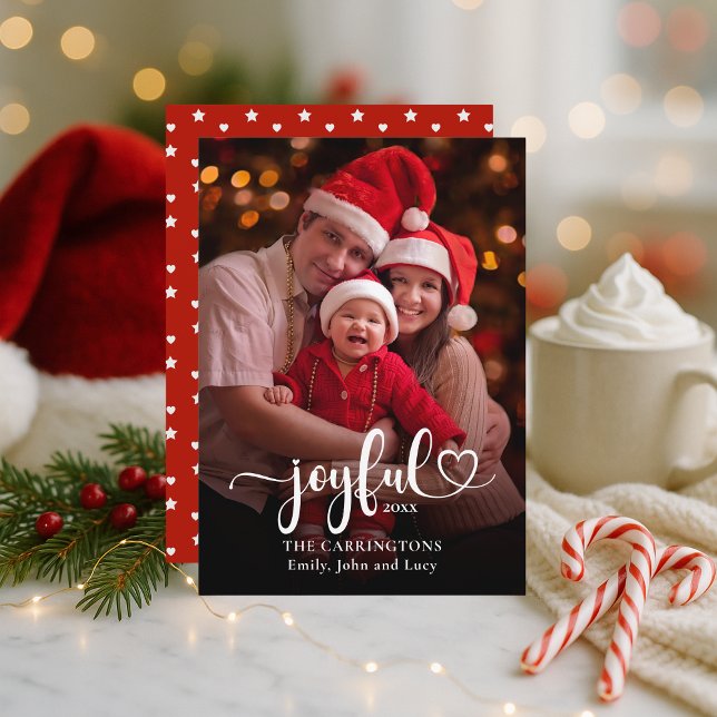 Weihnachtsfotokarte Feiertagskarte (Joyful Custom Photo Holiday Christmas Card with Names, Date, Red and White Stars and Hearts.)