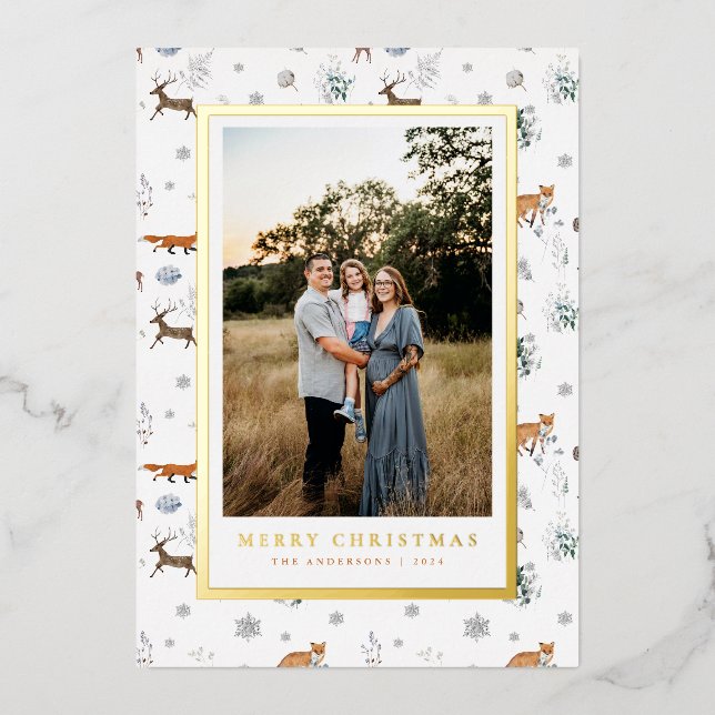 Weihnachtsfotokarte für Waldtiere Folien Feiertagskarte (Vorderseite)