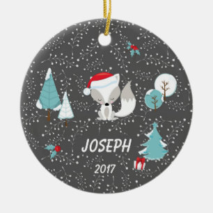 Weihnachtsfox-Baum-graue Wintersprigs-Verzierung Keramikornament