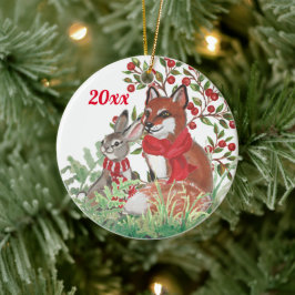 Weihnachtsfox Bunny Rabbit Botanical Red Berry Keramik Ornament