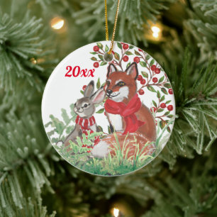 Weihnachtsfox Bunny Rabbit Botanical Red Berry Keramik Ornament
