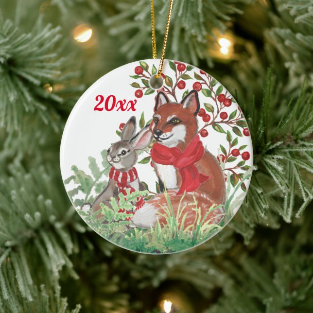 Weihnachtsfox Bunny Rabbit Botanical Red Berry Keramik Ornament (Baum)