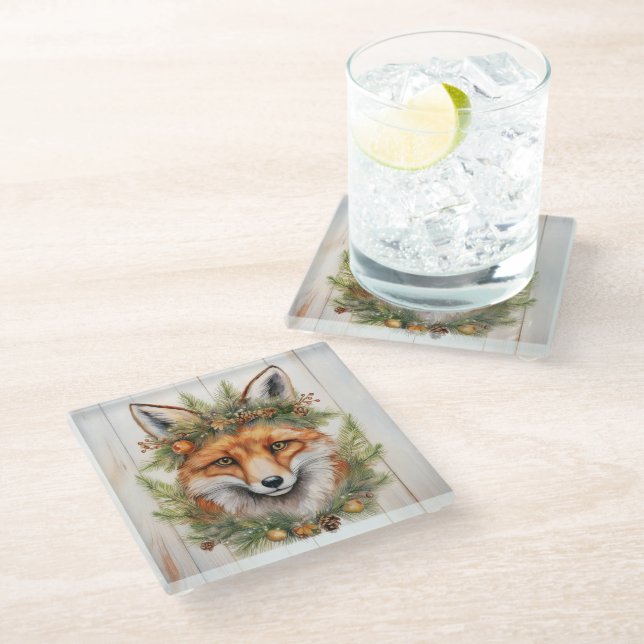 Weihnachtsfox Glasuntersetzer (Schrägansicht)