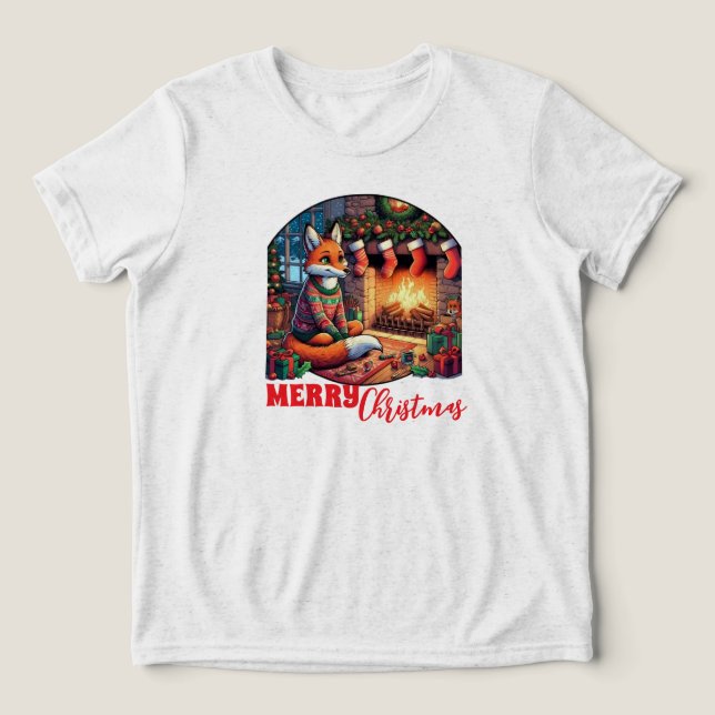 Weihnachtsfox mit Strümpfen und Holly Tri-Blend Shirt (Design Vorderseite)