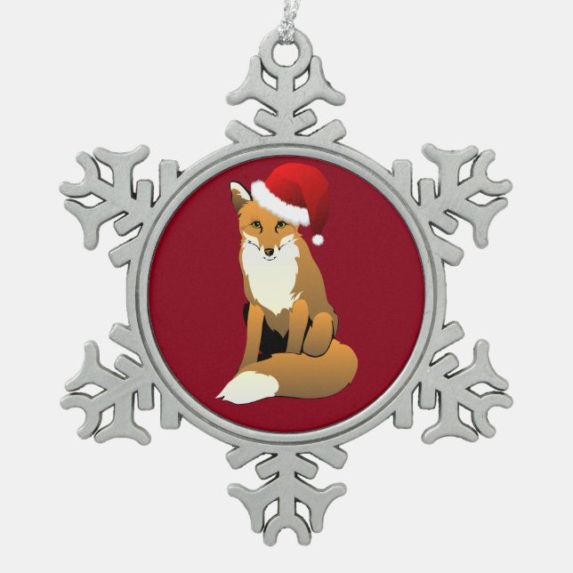 Weihnachtsfox Schneeflocken Zinn-Ornament (Vorderseite)