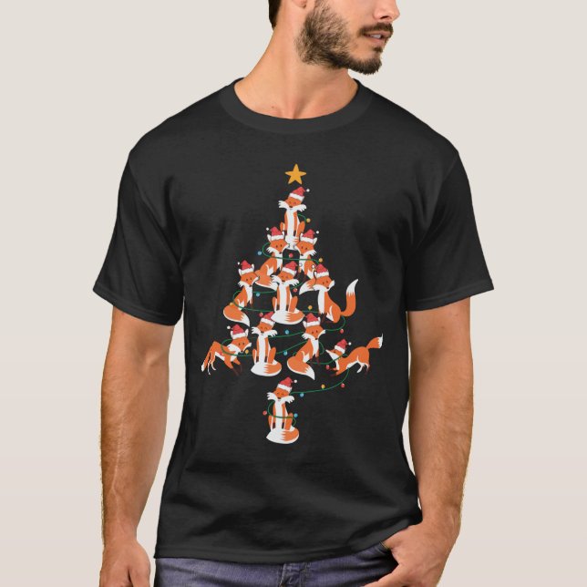 Weihnachtsfox Weihnachtsmannmütze Tree Lights T-Shirt (Vorderseite)