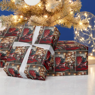 Weihnachtsfranzösische Bulldogge auf rotem Stuhl Geschenkpapier