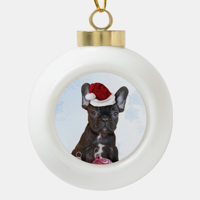 Weihnachtsfranzösische Bulldogge Keramik Kugel-Ornament (Vorderseite)