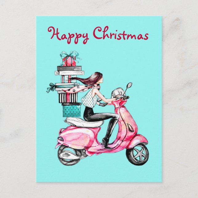 Weihnachtsfrau auf einem rosa Roller Postkarte (Vorderseite)