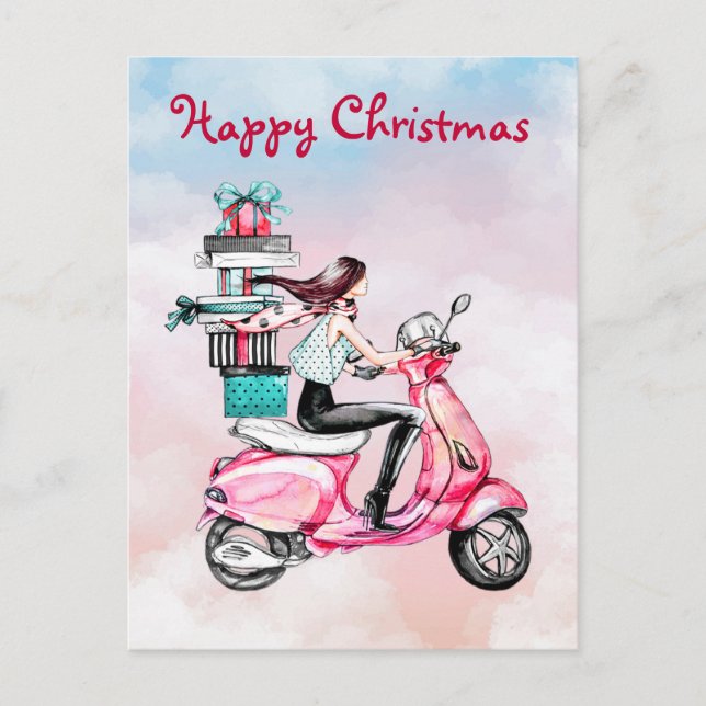 Weihnachtsfrau auf einem rosa Roller Postkarte (Vorderseite)