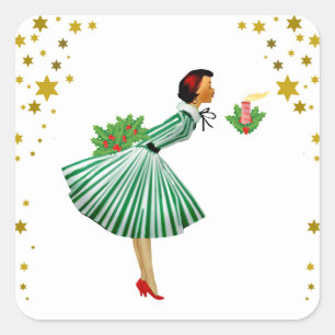 Weihnachtsfrau haucht eine Kerze aus Quadratischer Aufkleber