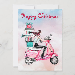 Weihnachtsfrau im Vintage-Look auf einem rosa Roll Feiertagskarte