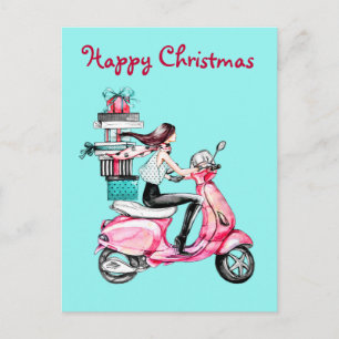 Weihnachtsfrau im Vintage-Look auf einem rosa Roll Postkarte