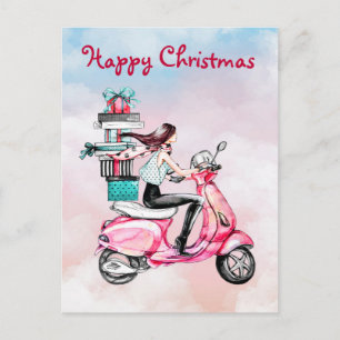 Weihnachtsfrau im Vintage-Look auf einem rosa Roll Postkarte