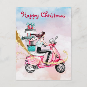 Weihnachtsfrau im Vintage-Stil auf einem rosa Roll Postkarte