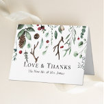 Weihnachtsfreude | Elegante Winterhochzeit mit Was Dankeskarte<br><div class="desc">Hübsche, elegante und moderne Hochzeit danke Ihnen Karten für Ihren besondere Anlass! Entworfen, um mit der Weihnachts-Joy-Kollektion zu passen. Ideal für die fröhliche und fröhliche Weihnachtszeit im Winter! Aquarell, dunkel und hellgrün, mit Eukalyptus, brauner Kiefernzapfen, roten Mistelbeeren und schönen braunen Hirschantlern umrahmt die Spitze Ihrer Dankeschön-Karte. Passen Sie Ihre neuen...</div>
