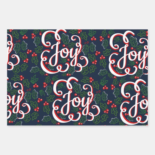 Weihnachtsfreude & Holly Berries Navy Blue Geschenkpapier Set (Vorderseite)