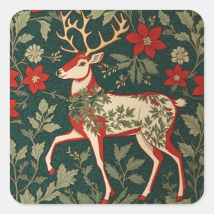 Weihnachtsfreude Rentier William Morris Inspiriert Quadratischer Aufkleber