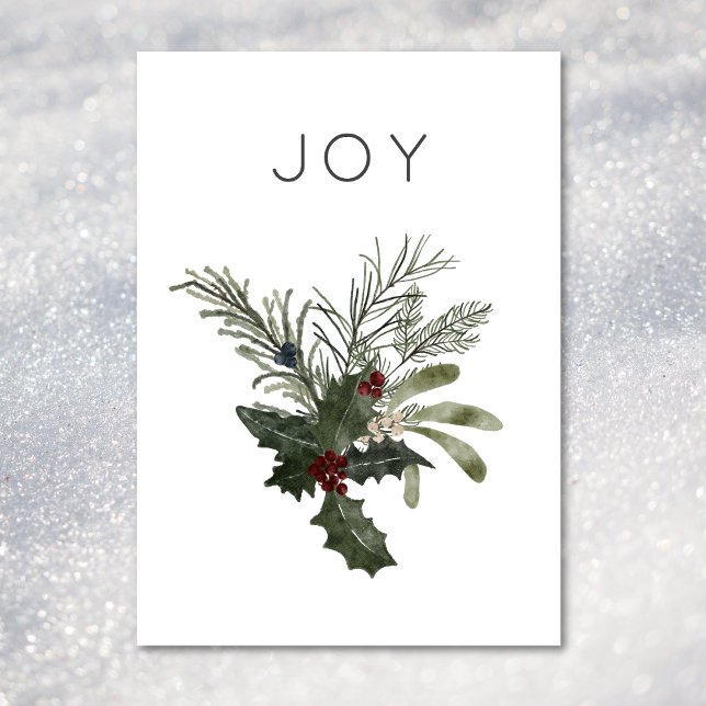 Weihnachtsfreude Rustikaler Minimal Holly Grüne Feiertagskarte (Christmas Joy Rustic Minimal Holly Greenery Holiday Card)