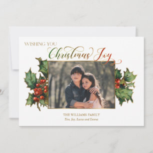 Weihnachtsfreude Schrift mit Stechpalme und Foto Feiertagskarte