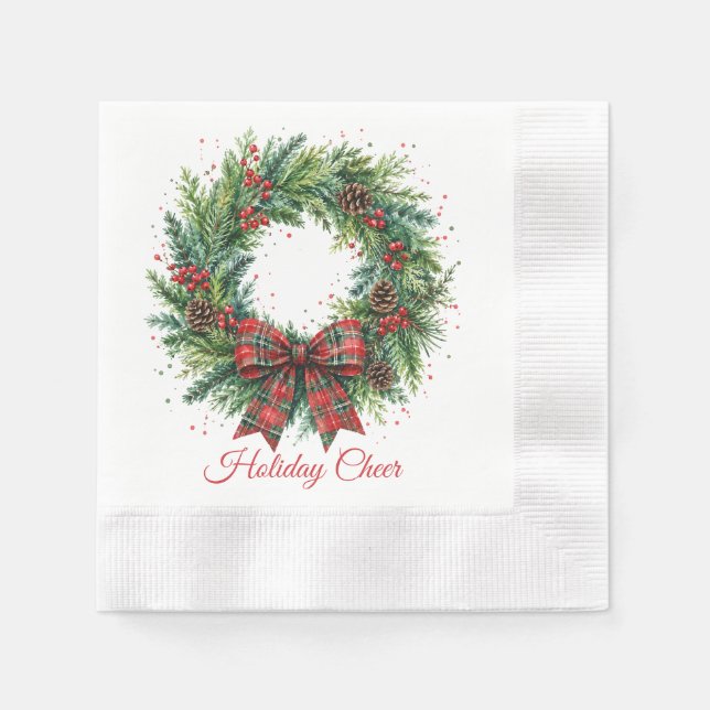 Weihnachtsfreude Stechpalme & Karierter Kranz Weih Serviette (Vorderseite)