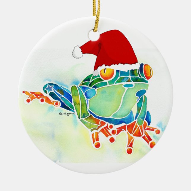 Weihnachtsfrosch mit Weihnachtsmannmütze Keramikornament (Vorne)