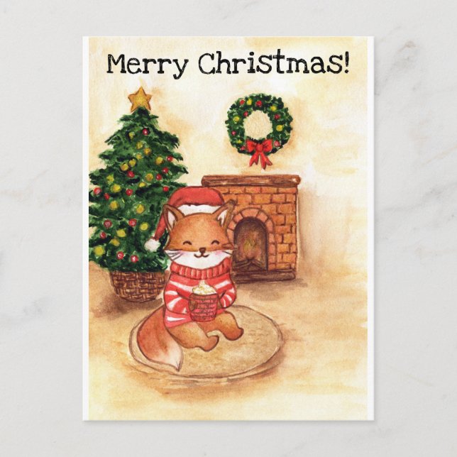 Weihnachtsfuchs am Kamin Feiertagspostkarte (Vorderseite)