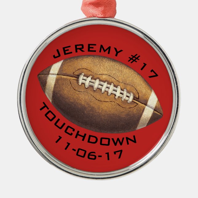 Weihnachtsfußball Red Touchdown Sporttypografie Ornament Aus Metall (Vorne)