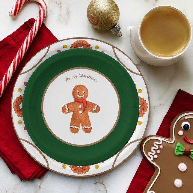 Weihnachtsgebäck individuell anpassbar pappteller (Cute Christmas Gingerbread Man Paper Plate with Green Border)