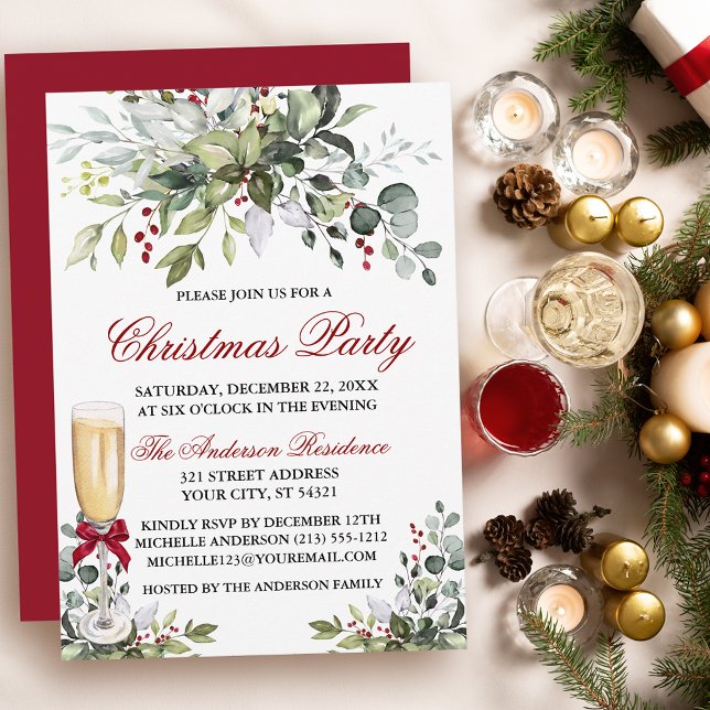 Weihnachtsgebäck Party Aquarell Grüne Berries Glas Einladung (Customize to change text color, size, style or to change color of back of card.)